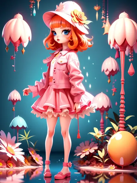 LU,1girl,blue eyes,hat,solo,skirt,jacket,full body,standing,blood,pink skirt,flower,bird,parted lips,shoes,shirt,bangs,orange hair,long sleeves,