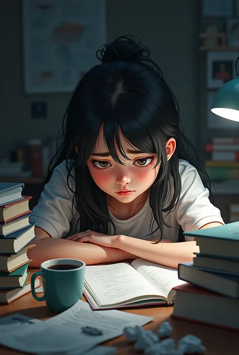 draw a simple feeling of pressured girl because of academics. put a lot of paper works and anything about academics that makes a girl feel pressured and her face looks tired