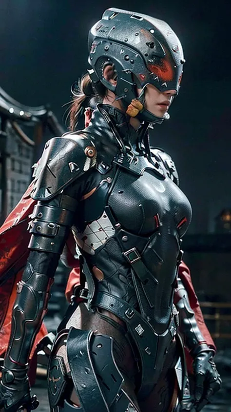 Armored, Cloth-covered figure, Warrior, Dark armor with metallic accents, Chest piece with red cloth details, Black gloves, Intricate gloves, Standing, Forward pose, Face partially covered by helmet, Looking forward, Serious, Intense, Ice backdrop of narro...