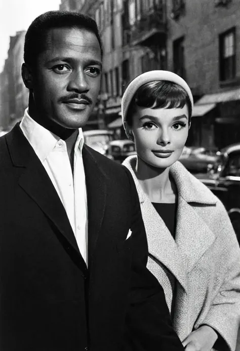 Audrey Hepburn and a handsome African American male whose facial features are a combo of Blair Underwood + Billy Dee Williams enjoy an evening stroll. Both are dressed attractively for a night on the town in 1960s clothing. Audrey has lovely makeup on her ...