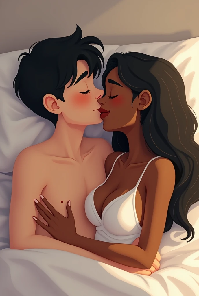 White skinned boy with wavy black hair, together with his dark-skinned girlfriend with straight black hair together having sex in the middle of white sheets and he takes her breasts on top of her with a passionate pixar-style kiss 