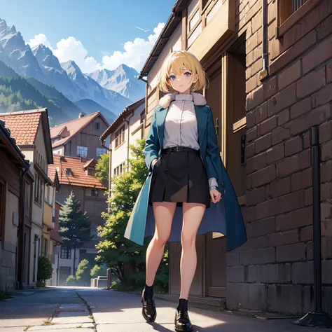 Masterpiece, solo, 1girl, overcoat, short skirt, short blonde hair, alpine village 