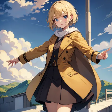 Masterpiece, solo, 1girl, overcoat, short skirt, short blonde hair, alpine village 