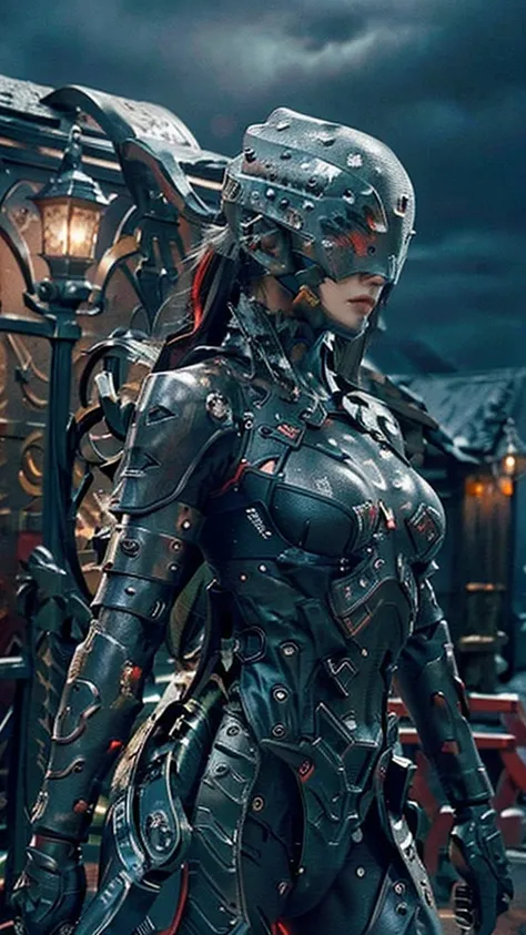 Armored, Cloth-covered figure, Warrior, Dark armor with metallic accents, Chest piece with red cloth details, Black gloves, Intricate gloves, Standing, Forward pose, Face partially covered by helmet, Looking forward, Serious, Intense, Ice backdrop of narro...