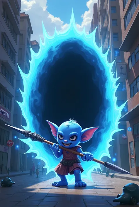 away from the gate, blue outline, black middle, in the middle of the city, goblin appears from the gate anime, blue, holding a spear