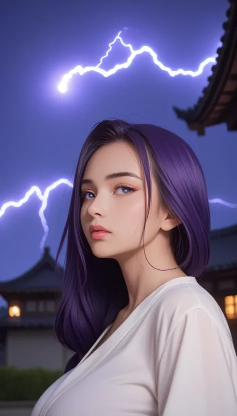 highest quality, masterpiece, high-detail, Reflects light realistically, 1 girl, Upper body, Shogun Raiden, Big breasts, perfect face, Clear eyes, long-haired, purple hair, Hair Decoration, sky of lightning, night sky, Ancient building in the background, s...