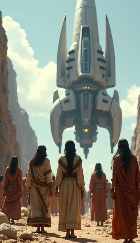 Setting: An ancient group of people standing in awe before a modern or sci-fi spacecraft or device, which seems completely out of place in their time.
Focus: The ancient people are dressed in traditional attire, staring in amazement at a large, futuristic ...