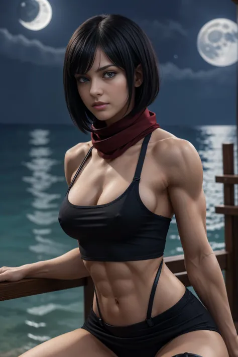 8K, Top Quality, Intricate Details, Ultra Detail, Ultra High Resolution, high-quality, photorealistic image, Masterpiece, random angle, young, attractive, very beautiful mikasa ackerman, with a toned and muscular body. She has a sexy fit and athletic physi...