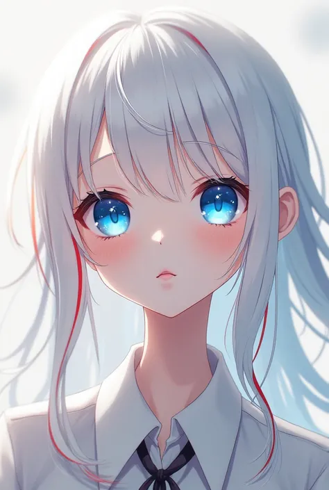 Girl with white hair with thin red locks and bright blue eyes from boku no hero