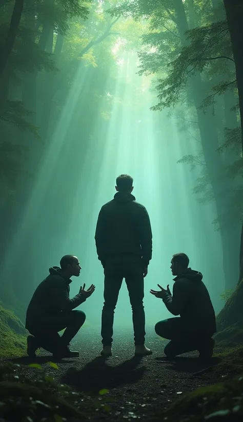 A man&#39;s back stands among the crowd，（The four people bowed their heads and knelt on one knee to salute him.），The background is in the forest，Wearing modern clothes, And soft colors in a circle in a mysterious room.  Create a surreal fantasy atmosphere.