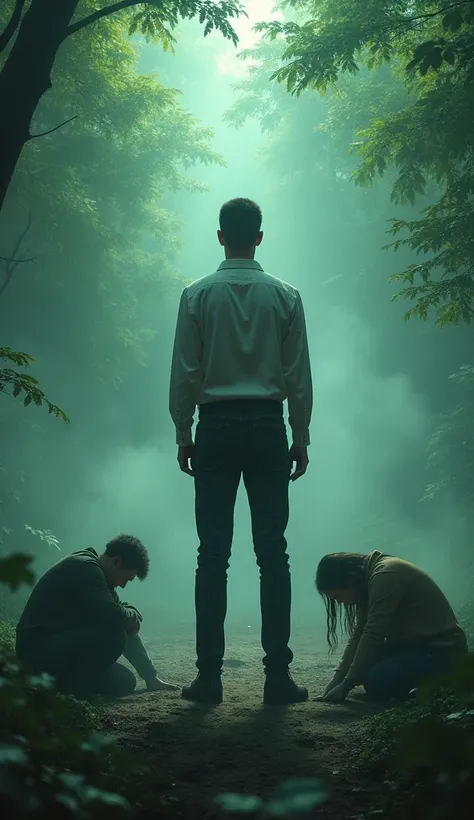 A man&#39;s back stands among the crowd，（The four people bowed their heads and knelt on one knee to salute him.），The background is in the forest，Wearing modern clothes, And soft colors in a circle in a mysterious room.  Create a surreal fantasy atmosphere.