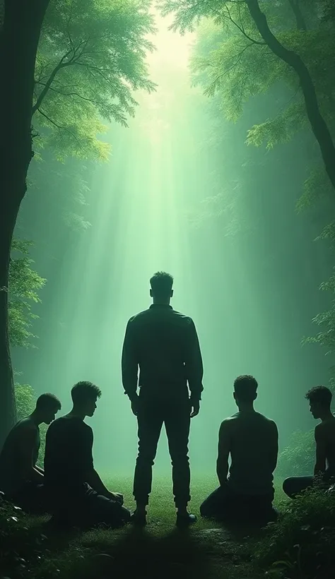 A man&#39;s back stands among the crowd，（The four people bowed their heads and knelt on one knee to salute him.），The background is in the forest，Wearing modern clothes, And soft colors in a circle in a mysterious room.  Create a surreal fantasy atmosphere.