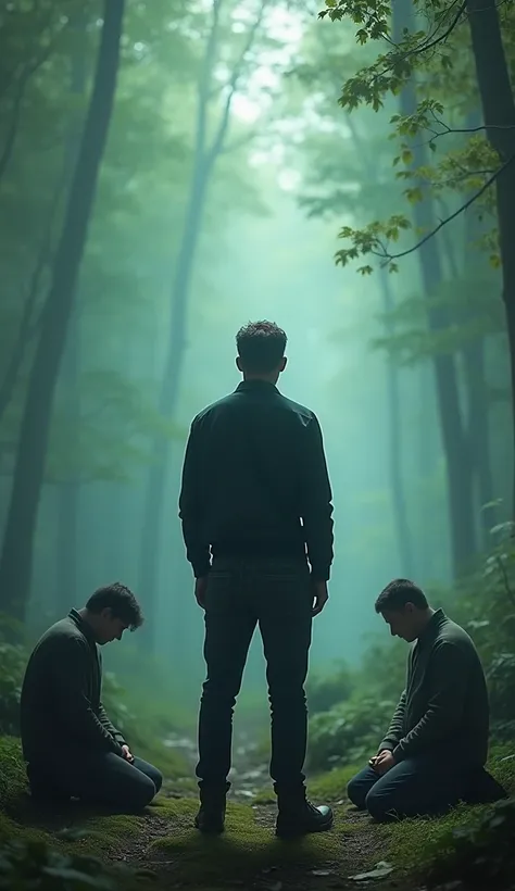 A man&#39;s back stands among the crowd，（The four people bowed their heads and knelt on one knee to salute him.），The background is in the forest，Wearing modern clothes, And soft colors in a circle in a mysterious room.  Create a surreal fantasy atmosphere.