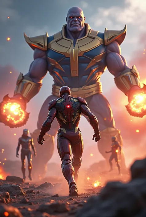 In the futuristic scene establish when ai controls world, a technologically advanced Iron Man wearing a sleek nano tech suit battles the  villain Thanos, while Thor and Captain Marvel join forces to destroy Thanos spaceship. This dynamic image, possibly a ...