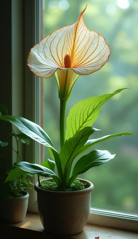 Indoor magical flower in a pot on the windowsill. Shaped like a beautiful female ballerina, it sways effortlessly on its stem. The flower moves in slow motion, its leaves flowing like an exquisite dress. The central vein forms a crown, while the intricate ...