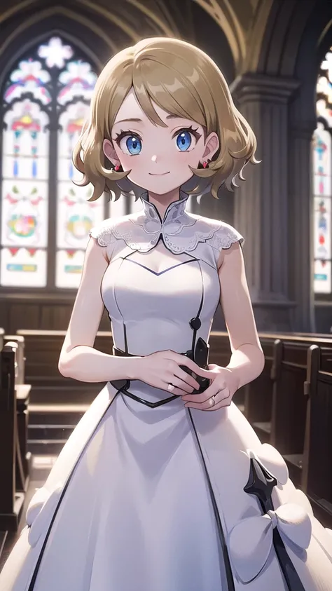 Masterpiece, perfect lighting, (beautiful, Best quality: 1.3), Perfect eyes, perfect anatomy, absurd, 8k, ccserena, solo, short hair, smile, in loved, earrings, eyelashes, blue eyes, wedding dress, in the church