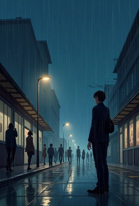 Report to the police in a panic、in the rain、night、near the station、The buildings are standing around、Two people have fallen、onlooker、Real、high resolution, Wide aspect ratio