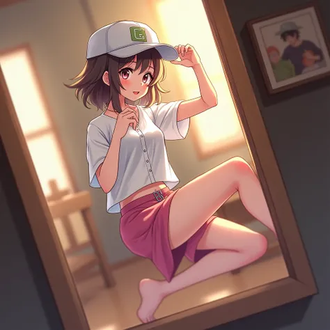 Genshin impact, furina, taking a photo in the mirror to the side, cap, white blouse, pink shorts, bare legs