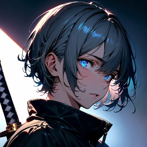 (best quality),(masterpiece, sidelighting, finely detailed beautiful eyes:1.2),(1boy),(solo),delicate portrait,ultra-detailed,glowing eyes,shiny hair,lustrous skin,grey hair,short hair,(black eyes),black windbreaker,tall,handsome man,sword on back