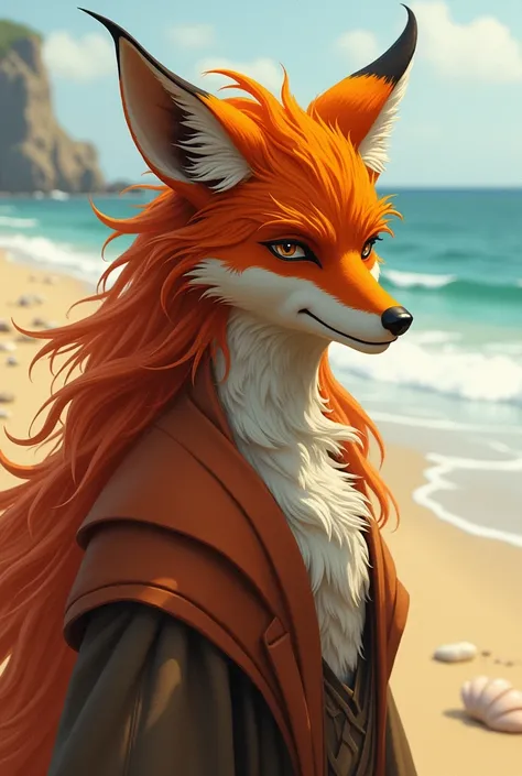  create a male character with a fox face on the beach with orange hair 