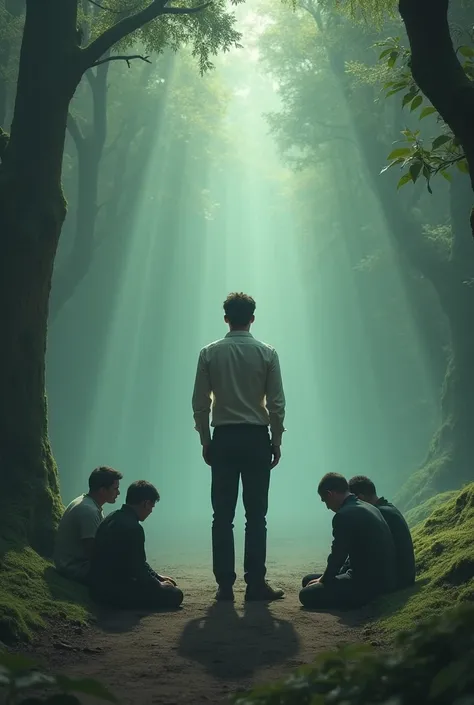 A man&#39;s back stands among the crowd，（The four people bowed their heads and knelt on one knee to salute him.：1.5），The background is in the forest，Wearing modern clothes, And soft colors in a circle in a mysterious room.  Create a surreal fantasy atmosph...