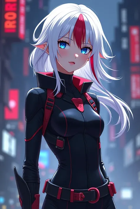 Girl with white hair with red streaks and bright blue eyes from boku no hero in black heroine clothing 