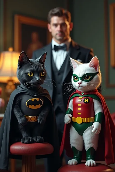 create an image of "a black cat dressed as Batman", "a white cat dressed as Robin", and a "human dressed as a butler" 