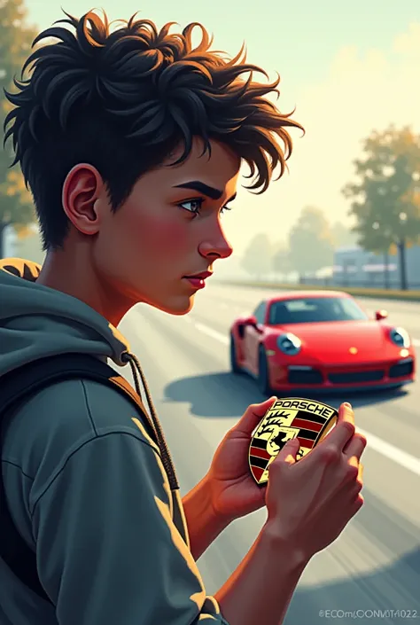 A male teenager that deeply loves Porsche and would aim to own one in the future.

PIXELATED STYLE

The teenager is holding the Porsche emblem, and the teenager is chasing the PORSCHE CAR