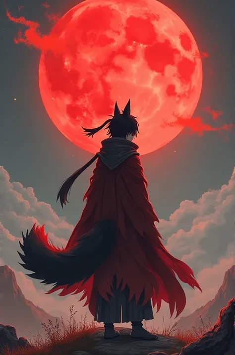 Obito standing  on nine tail fox. This surrounding flow with red chakara
