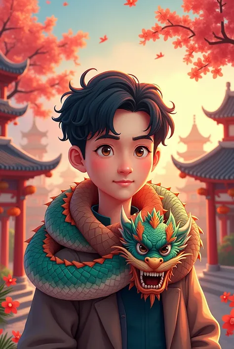 Generates a 2D image for a Twitch channel of a 1 man with black hair with a Chinese dragon on his neck as if it were a scarf but looking straight ahead, in an animated Chinese background that everything is as cartoonish as possible 