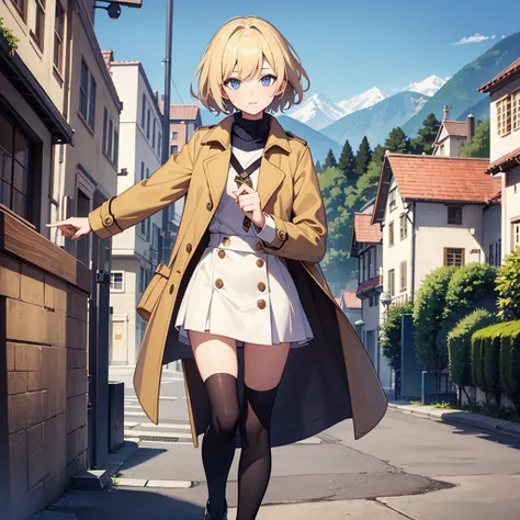 Masterpiece, solo, 1girl, overcoat, short skirt, short blonde hair, alpine village 