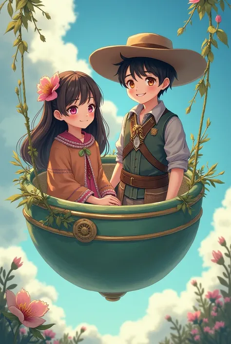 girl of about  approximately, long dark brown hair, pink eyes, Your clothing should be country style, a gaucho style poncho, must be inside a floating mate, Next to him there should be a boy with dark brown hair, Brown eyes, with a gaucho hat and armor-sty...