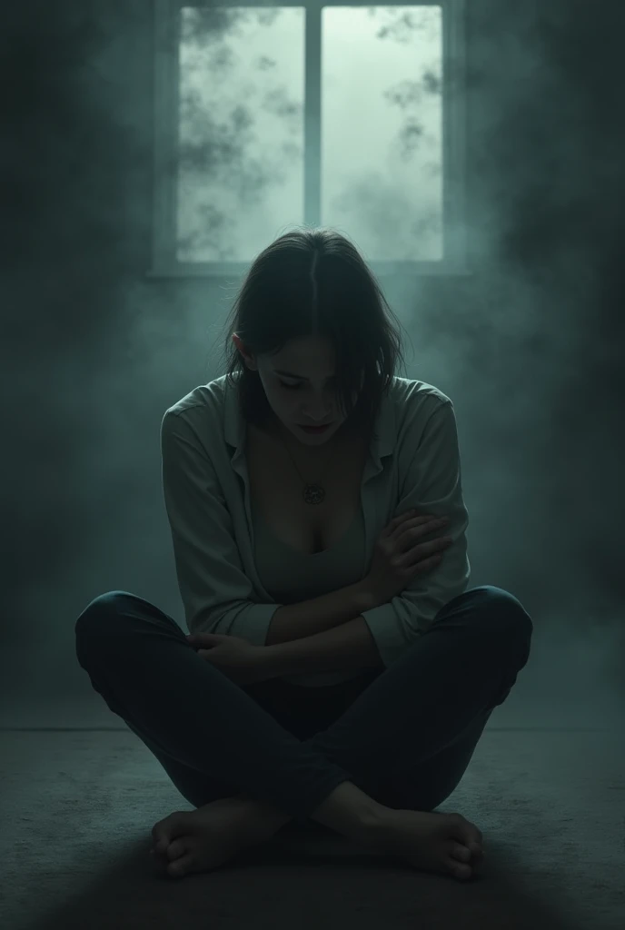 An individual sitting on the floor of a dark room, hugging her knees to her chest, with an expression of deep anguish and fear on his face. Around it, There are blurred shadows that represent his anxious thoughts and painful memories of the past.. Above hi...