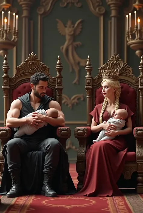 A strong muscular man with short hair wearing a crown, Jhon snow style, he is sitting on a throne holding a blond baby boy, next to him is a woman sitting on another throne, A Woman 30 years old, blonde hair golden threads wearing a crown dressed like Sans...