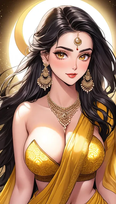 (Comic illustration)Renowned actress at the age of 28 wearing a provocative yellow silk  saree with intricate patterns, braless, long hair , saggy breasts ,face makeup, beautiful, alluring,long kundan  jhumka earrings , necklace,white skin , crescent earri...