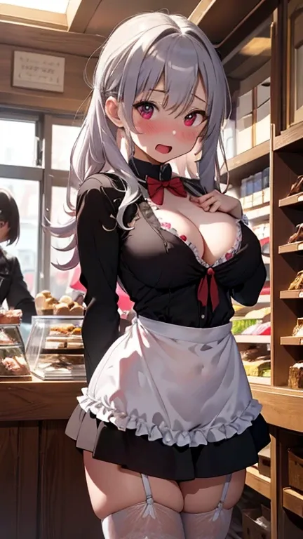 mastute piece,Best Quality,insanely detailed,8k cg,nsfw,
(shoot upper body:1.3),
(1girls:1.3),standing,looking at viewr,(body in front),(both arms behind back:1.4),(valentine brown waitress costume:1.2),(bare breasts),break,
(blush:1.2),shy,(ecstasy face),...