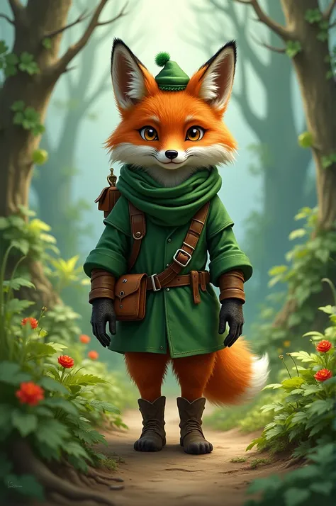 Furry adventurous fox, with green clothes 