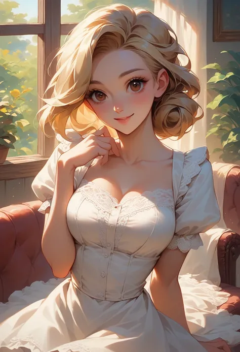 (((Half-up hair))), (Brown eyes) (White gal), (Cute smile) (Breasts), (Blonde) (Black short sleeves (Lace sleeves) (Flared skirt), (Beautiful eyes, 1,5) (Slut)