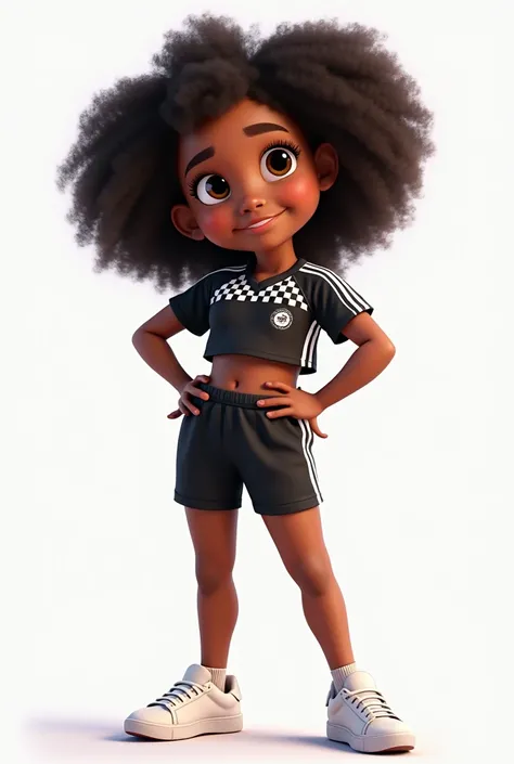 Little  African American girl. Brown skinned with a pleasant, happy and smiling face, black curly hair and light eyes .She wears a black crop top with white checks+, a black sports shorts and white sneakers. High quality 4K image.