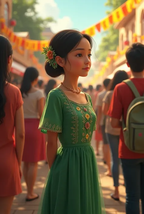 a girl with a green filipiniana dress staring away the picture in a crowded buwan ng wika event 