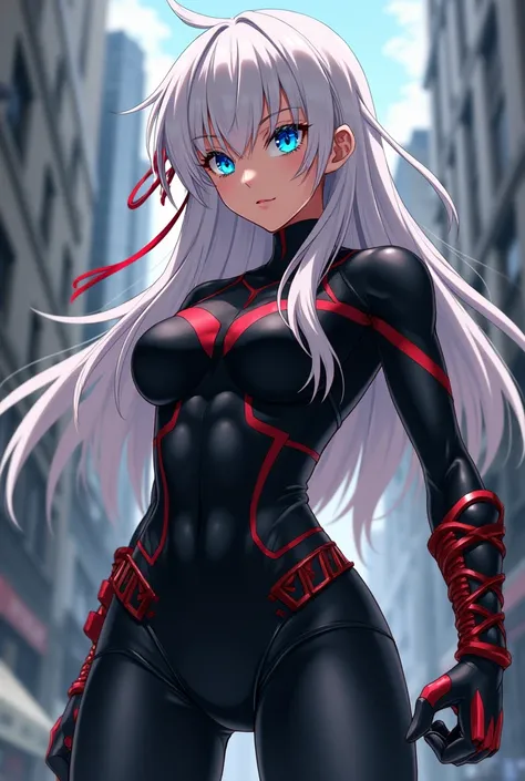 Girl with long white hair with several red strands and bright blue eyes from boku no hero in a black heroine costume