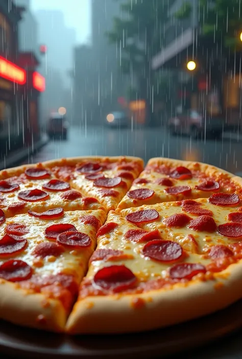 Create a spectacular cheese and meat pizza, a rainy background and the phrase “Watch out for the rain” in an animated world and highlighting the “Little Caesar&#39;s” brand