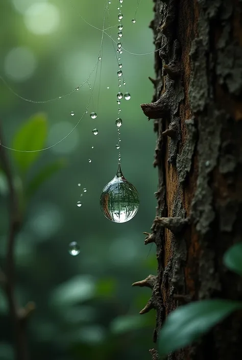 Rain drop stuck in spider web in tree truck
