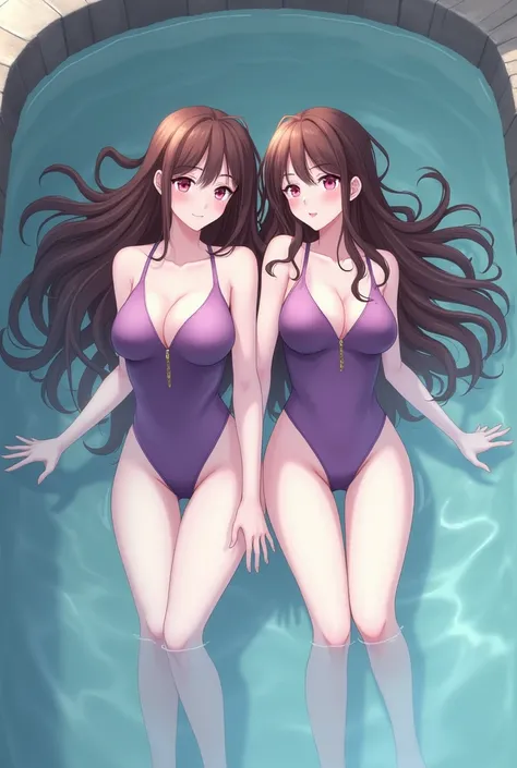 A 2 woman in a pool with long brown hair and pink eyes wearing a purple bathing suit blushes