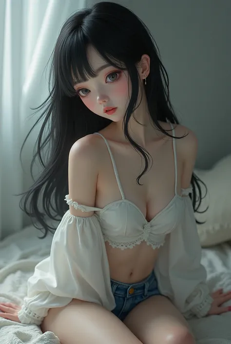 Girl with pale skin black long half up half down hair wearing off shoulder shirt with straps fluffy leg warmers and denim shorts sitting sideways in bed