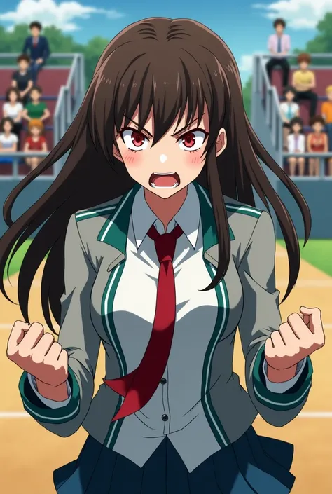 A girl with long brown hair with bangs down to her eyebrows, frowning and clenching his fists in anger. In the background a training field around which there are people sitting on benches from above looking and a Boku no Hero Academia uniform and with red ...