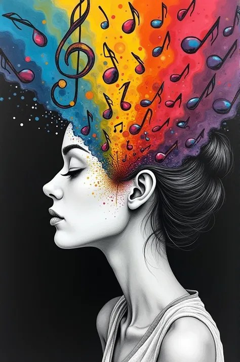 Drawing of a demotivated person with a feeling of emptiness in a black and white world with brightly colored musical notes illuminating the person, They make her happy and guide her to a world of color and illusion