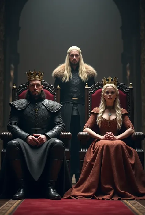 a 40 year old man, strong muscular short hair wearing a crown, Jhon snow style, Hes sitting on a throne, next to him is a woman sitting on another throne, A Woman 30 years old, blonde hair golden threads wearing a crown dressed like Sansa Stark, 
They are ...