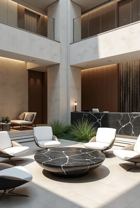 Professional 3d architecture rendering design of modern   And high tech for boticque  hotel’s Labi with   oyster slab  stone  similar oysters and  shiny white  leather  4 Chairs  that separate with modern green space and medium  flouting  dark gray marble ...