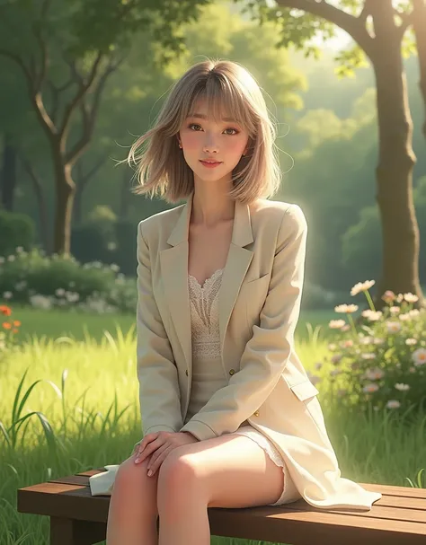 sunny day, Elegant photo of a girl in a blazer dress, (Puffy eyes:1.05), (White lace shirt), Platinum brown hair, (Angled Bob:1.4), Flat bangs, (Flowing Hair), smile, Happy, happiness, Skin with attention to detail, Skin pores, A beautiful innocent symmetr...